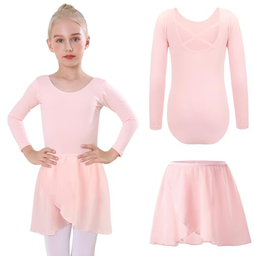 Bezioner Ballet Leotard for Girls with Removable Skirt Ballet Dress Outfit Long Sleeve Dance Leotard Ballerina Costume for Girls Pink 110
