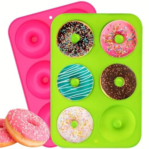 trabag 2 Pezzi stampo ciambelline, stampo ciambellone con 6 scomparti, resistenti al calore, stampo per ciambelle per torte e biscotti (verde e rosa)