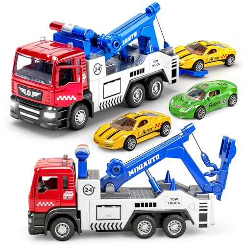 Tcvents Diecast Tow Truck Toy for Kids Boys, Pull Back Vehicles with Lights & Sound and 2Pcs Mini Toy Cars Carrier, Metal Tow Car for Boys Age 6 7 8 9 Years Old, Birthday Education Gift