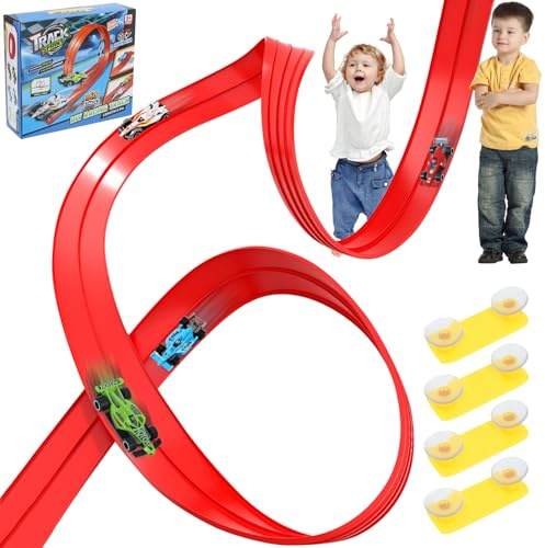 XIAPIA Car Track 4m, Flexible Toy Car Race Track Fits Hot Wheels, Diecast Cars, Flexible for Loops, Jumps, Ramps, Classic Long Roll Up Race Track with 4 Cars and 12 Suckers, Gifts for Kids Toddlers