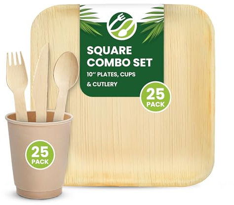 Eco Leaf 125pcs Disposable Palm Leaf Plates, Cups, and Wooden Cutlery Set – 25 Square Plates, 25 Cups, 25 Forks, Knives, and Spoons – Eco-Friendly, Biodegradable, Perfect for Parties, Events