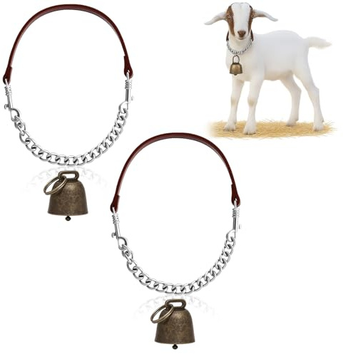 Misdary 2 Pack Goat Collars with Bells, Adjustable Iron Goat Chain Halter 14''-24'' Long for Sheep Horse Dog Cow Calf Farm Animal Supplies Accessories Animal Lovers Gift (Brown)