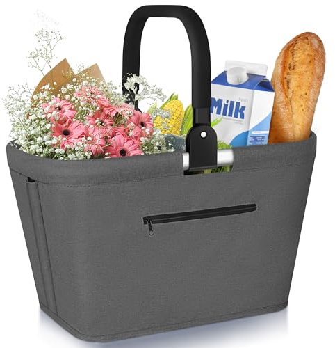 35 l vikbar shoppingkorg, picknickkorg med vadderade handtag, 600D Oxford-tyg stor transportkorg för familjen, praktisk shoppingväska för resor, picknick, shopping, presenter - grå