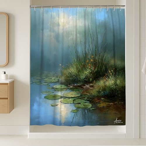 Lily Pond Shower Curtain, Nature Inspired Green Watercolor Bathroom Decor, Spring Summer Serene Botanical Style for Home, Waterproof Fabric Curtain with Hooks 72x96 Inch