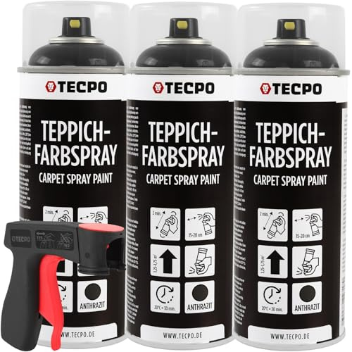 TECPO Vernice spray per tappeti, 3 x 400 ml, colore antracite, con pistola a spruzzo, per auto, tappetini, baldacchino, tessuto, gomma, plastica, per interni