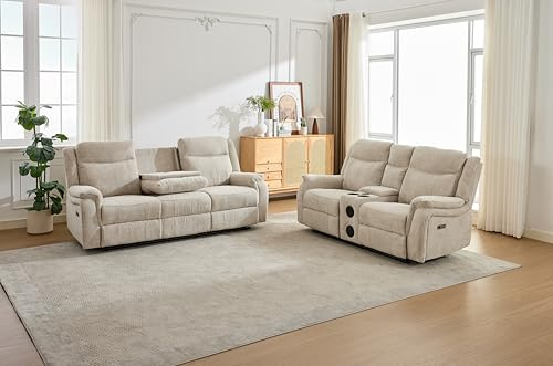 Siyara Fabric Electric Recliners Sofa With Cupholders - 3+2 Seater Sofa Cooling Cup-Holders/Bluetooth Speakers/Wireless Charging/Type-C Ports/USB Charging Ports/Storage (Beige, 3+2 Seater)