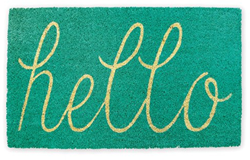 DII Hello Coir Fiber Doormat Non-Slip Durable Outdoor/Indoor, Pet Friendly, 18x30, Aqua