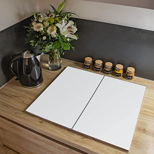 banjado® Herdabdeckplatte Glas 2-teilig 60x52 cm/Schneidebrett Herdabdeckung mit Motiv weiß/Herdabdeckplatten Ceranfeld 2teilig / Schneidebrett Glas individuell einsetzbar