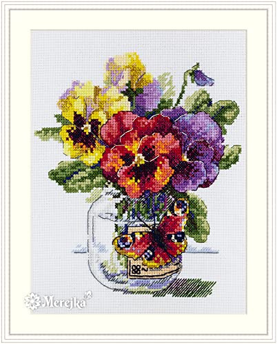Merejka K-153 - Schema punto croce contato, in cotone, motivo: viole del pensiero e farfalle, 16 x 17 cm, multicolore