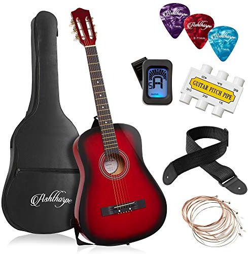 Ashthorpe 38-inch Beginner Acoustic Guitar (Red), Starter Kit with Gig Bag, Extra Strings, Strap, Picks, and Lessons