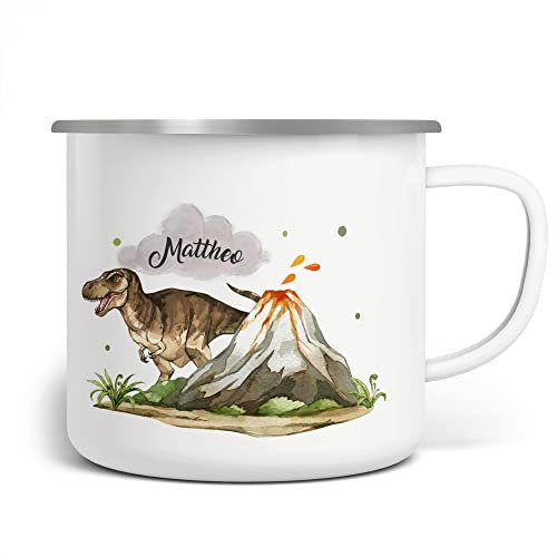miKalino Emaille Tasse Jungs - Trinkbecher Kinder personalisiert - Emaille Becher mit Dinosaurier-Motiv - Kindertasse mit Namen - Kindertasse bedruckt - Emaille Becher Weiß