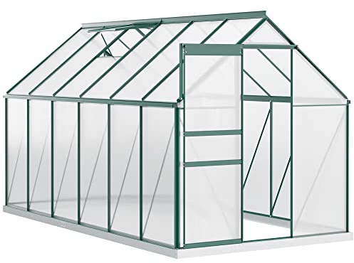 Outsunny Serra da Giardino in Policarbonato 190x375x199cm, con Finestra Apribile e Porta Scorrevole, Struttura in Alluminio, Verde