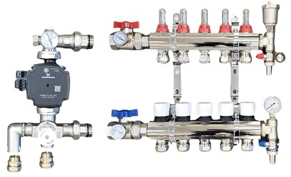 5 Port Brass Underfloor Heating Manifold with A Rated UPM3 Auto Flex Pump,Blending Mixing Valve,16mm Pipe Connection and Ball Valves with Gauges for Water Underfloor Heating System