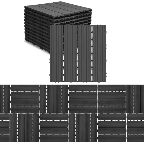 Ikodm Dalles de Terrasse en bois WPC, 30x30cm 110 pièces/10 m² Dalle Jardin extérieur, Découpables, Système plug-in Facile à poser, Dalles avec Système de Drainage, Anthracite