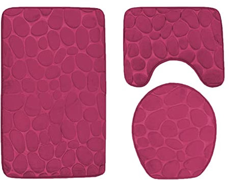 Lifup Badematte 3er Set, Weiche rutschfeste Wasserabsorbierend Badezimmermatte Duschvorleger, 1 Badezimmer Teppiche, 1 Toilettenmatte, 1 Toilettensitzbezug Weinrot