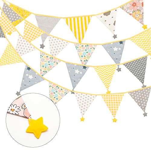 G2PLUS 4M Banderines Tela,Doble Cara Guirnalda de Banderines con Estrellas,Amarillo y Gris Banderita con 12 Triángulos de Telas Decoración Habitación Bebé