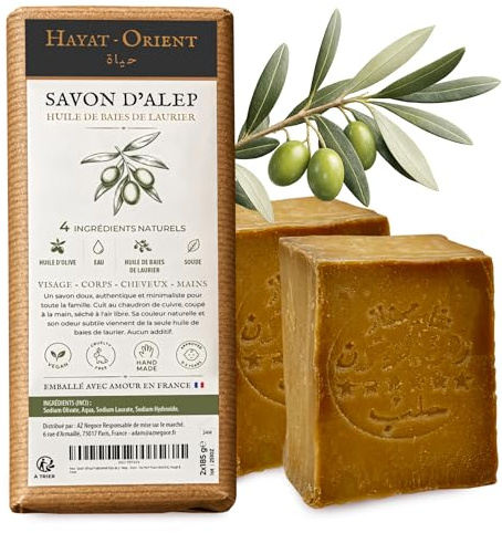 Hayat-Orient Jabón de Alepo Auténtico Tradicional - Pack 2 Jabones 200g Hecho a Mano en Francia - Piel Sensible Atópica Eczema Psoriasis - 4 Ingredientes Naturales Sin Perfume Sin Conservante