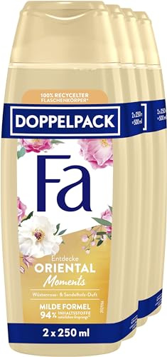 FA Gel de ducha Oriental Moments, paquete de 2 unidades (2 x 250 ml) 95 % de ingredientes de origen natural, disfruta con la crema de ducha nutritiva el delicado aroma de rosa del desierto y madera de