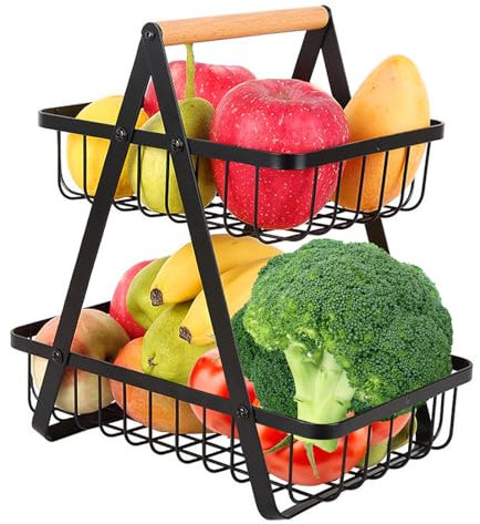 2 Pisos Fruteros de Cocina, Frutero de Cocina en Aceros Inoxidables, Cesta de Frutas y Verduras, Frutero con Mango de Madera, para Almacenamiento y Organización Verduras, Fruta, Pan (Negro)