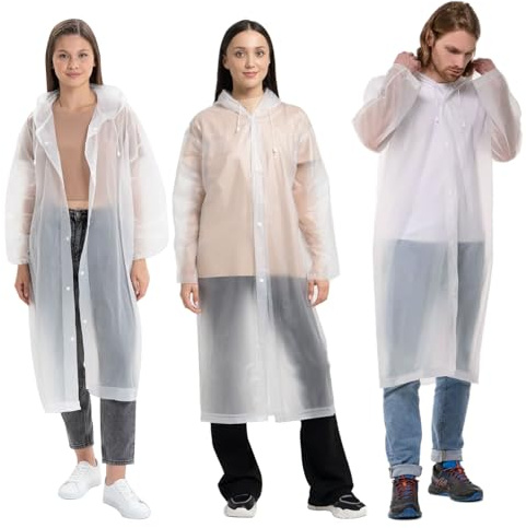 Pack de 3 Ponchos de Pluie EVA avec Capuche - Imperméable Transparent - Cape de Pluie Pliable - Poncho de Pluie Taille Unique - Imperméable pour Vélo, Adultes, Hommes, Femmes, transparent, L-XL