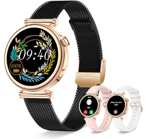Montre Connectée Femme avec Appel Bluetooth, Smartwatch Ronde 1,27 41mm pour Petit Poignet, 3 Bracelet, 100 Modes Sport Suivi Sommeil Fréquence Cardiaque Podomètre, Compatible Android iOS (Or Noir)