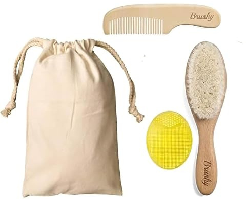 Brushy - Kit de cepillo para bebé con cerdas suaves – Peine de madera y cepillo de silicona – Set cuidado del cabello recién nacido con bolsa de algodón