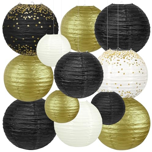 Black and Gold Party Decorations, 12 Pcs Hanging Paper Lanterns for Prom Decorations 2026, Graduation Party, Great Gatsby Theme, Birthday & Retirement Party Supplies, Assorted 6 8 10