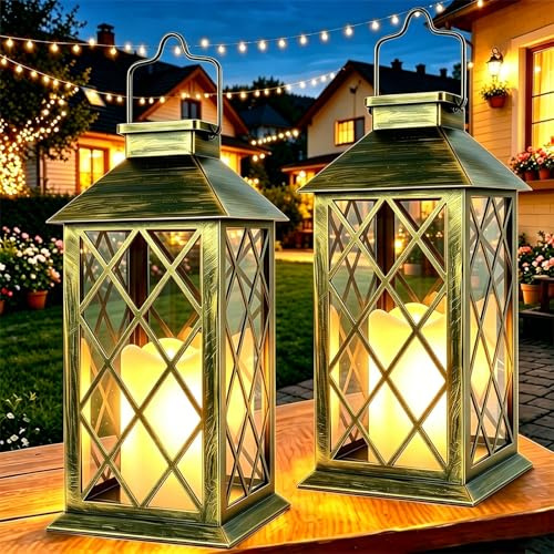 Dekofun 35cm Lanterne da Esterno, 2 Pezzi Lanterna Solare da Esterno con Candele Tremolante, IP44 Impermeabile Appendere Lampade Solari per Giardino Terrazzo Tavolo Gazebo Balcone Decorazioni - Bronzo