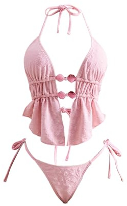 Verdusa Women's 2 Piece Beaded Halter Tankini Swimsuits Self Tie Slit Asymmetrical Tops with Panty Pink Small
