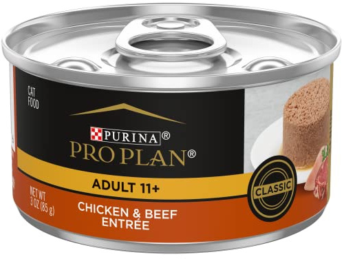 Purina Pro Plan High Protein Senior Wet Cat Food Pate, SENIOR 11+ Chicken & Beef Entree - (Pack of 24) 3 Oz. Pull-Top Cans