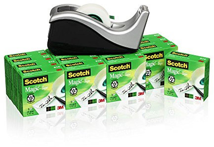 Scotch Klebebandabroller, Silber + 16 Rollen Scotch Magic Klebeband (19 mm x 33 m) - Nachfüllbarer Abroller für Schule, Zuhause und Büro