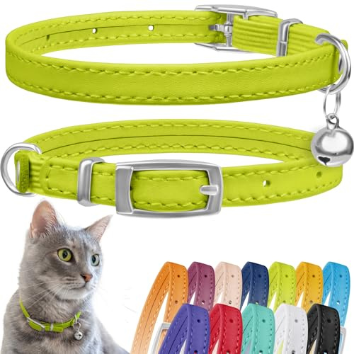 CollarDirect Leather Cat Collar with Removable Bell – Safety Kitten Collar with Elastic Strap (Lime Green, 15-18 cm)