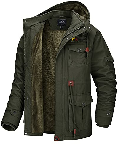 MAGCOMSEN Blouson homme hiver chaude doublé en polaire coupe-vent veste demi-saison avec capuche amovible Vert armée XL