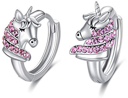 Pendientes de unicornio para niños de plata de ley 925 con cristales rosas, regalo de cumpleaños de joyería de unicornio para niñas y mujeres (rosa)