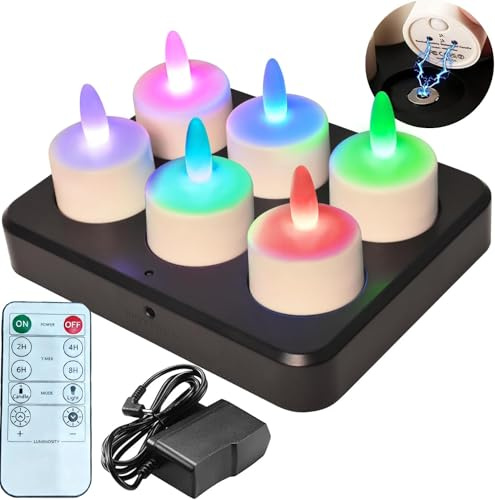 idyl light Wiederaufladbare LED Teelichter mit Fernbedienung, 55 Stunden Brenndauer, Wasserdichte LED Kerzen mit Timerfunktion für Heimdekoration, 6 Stück, RGB