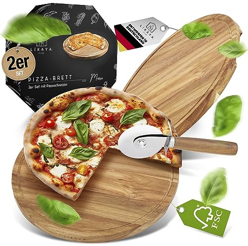 LIKAYA Pizzabrett/Pizzateller 2er-Set rund ⌀35cm – FSC-Akazienholz mit Pizzaschneider | Perfekt für Pizza, Kuchen, Brotzeit & Käseplatte