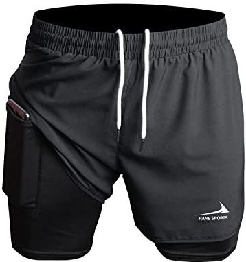 Rane Sports Pantalones Cortos Deportivos 2 en 1 para Hombre, Ideales para Gimnasio, maratón, Entrenamiento al Aire Libre Negro 2XL