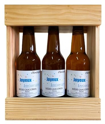 Coffret biere BRASSERIE GASCONHA + Caisse bois - Coffret degustation biere avec etiquette bouteille personnalisable pour prénom, logo, message… [ Coffret de biere a offrir ] (Blanche, 3x33 CL)
