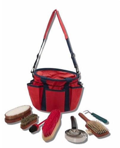AMKA Putztasche 8 teiliges Set komplett mit 4 Bürsten, Hufpinsel, Hufkratzer und Eisenstriegel