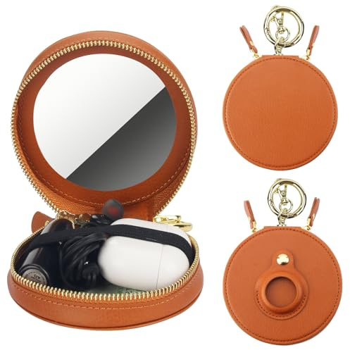Bocasal Coin Pouch Mini Lipstick Cosmetic Bag with Airtag Holder Mirror, Leather Zipper Travel Makeup Bag Organizer Keychain Ring Clasp for Keys Earbuds Earphone Lip Gloss Chapstick Women Girl (Brown)