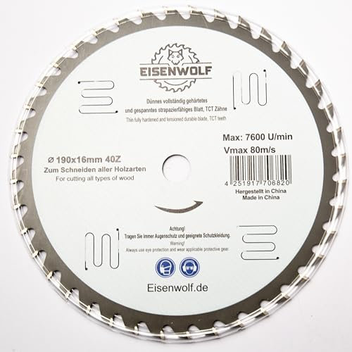 Eisenwolf Hoja de sierra circular de 190 x 16 mm, totalmente endurecida y tensada, duradera y resistente, para madera con 40 dientes TCT inclinados y cortes láser para reducción de ruido