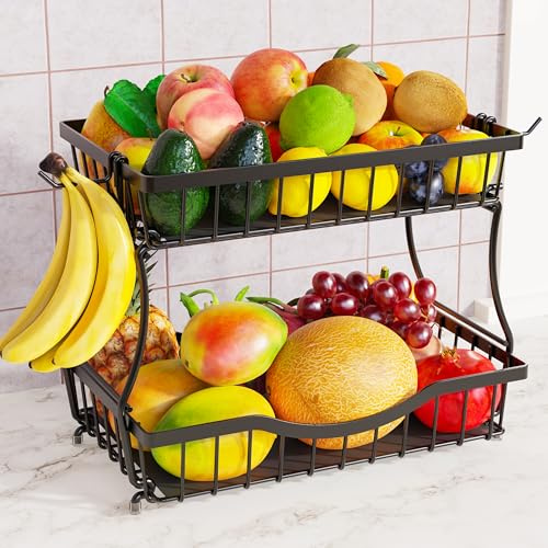 Zurklulu Large 2 Tier Fruit Basket for Kitchen Counter with 2 Banana Hangers, Metal Fruit Bowl with Protection Mats for Vegetable Bread Snack, Black, 14.5 W x 9.5 D