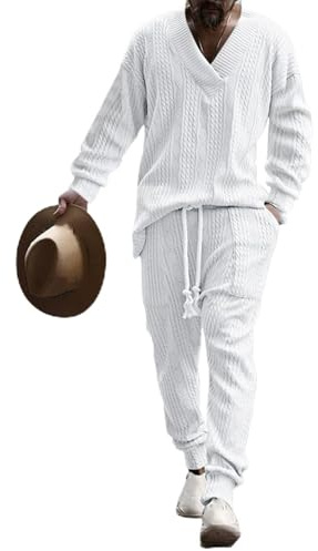 LIUPONHU Athleisure Cable Jacquard Set, Men's Casual V-Neck Long Sleeve Tops and Drawstring Jogging Suits 2 Piece Set