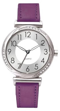 NUOVO Damen Armbanduhr mit Kristallbesatz, Silbernes Zifferblatt, Lila Lederarmband, Damen Einfache Business Klassische Uhr Casual Quarzuhr Kleid Uhr