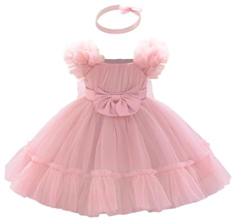Lito Angels Robe Princesse Bebe Fille Deguisement Ceremonie Tulle avec Bandeau pour Mariage Anniversaire Fete Shooting Photo, Taille 74, 9 Mois, Rose