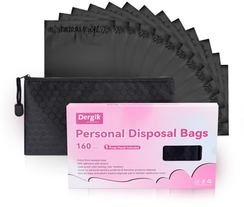 160 pcs Sanitary Napkin Disposal Bags, Personal Care Feminine Hygiene Disposal Bags, Opaque, Odor Control, Discreet Disposal for Tampons, Pads, Liners,Diapers, with Pouch, Black, Packaging May Vary