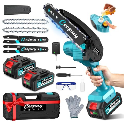 CEEPUY 6 Mini Motosierra Bateria con 2x5000mah, 880w Sierra Eléctrica Podar Árboles, Motosierra Eléctrica Pequeña con Bloqueo de Seguridad y Bomba De Aceite, Minimotosierras de Batería para Jardin