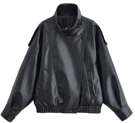 FindThy Women’s Oversized Faux Leather Jacket Casual High Collar Long Sleeve Zip Up Fall Fashion Motorcycle Coats(4201-Black-S-LB)