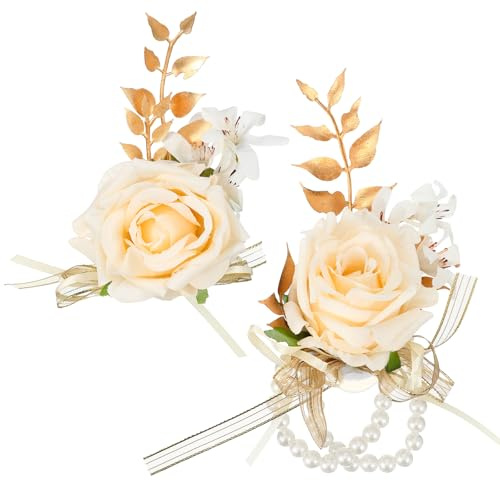 Wrist Corsage and Boutonniere Set, Flower Wrist Corsage Bracelets, Boutonniere for Women and Men, Wedding Bridal Flower Hand Decor for Bridal Shower, Wedding, Prom, Suit, Party, Homecoming (Champagne)