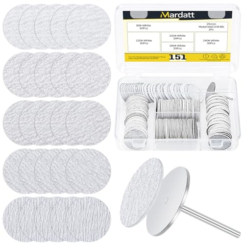 Mardatt 151pcs Replacement Sandpaper Discs with Metal Nail Drill Bit kit, 25mm/1” 80/120/150/180/240 Gift White Round Manicure Pedicure Sanding Paper Disc for Remover Foot Dead Skin